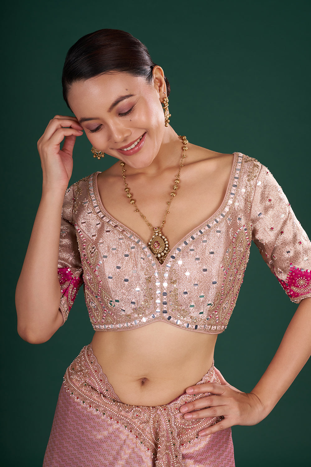 Onion Pink Shimmer Brocade Saree with Intricate Embroidery