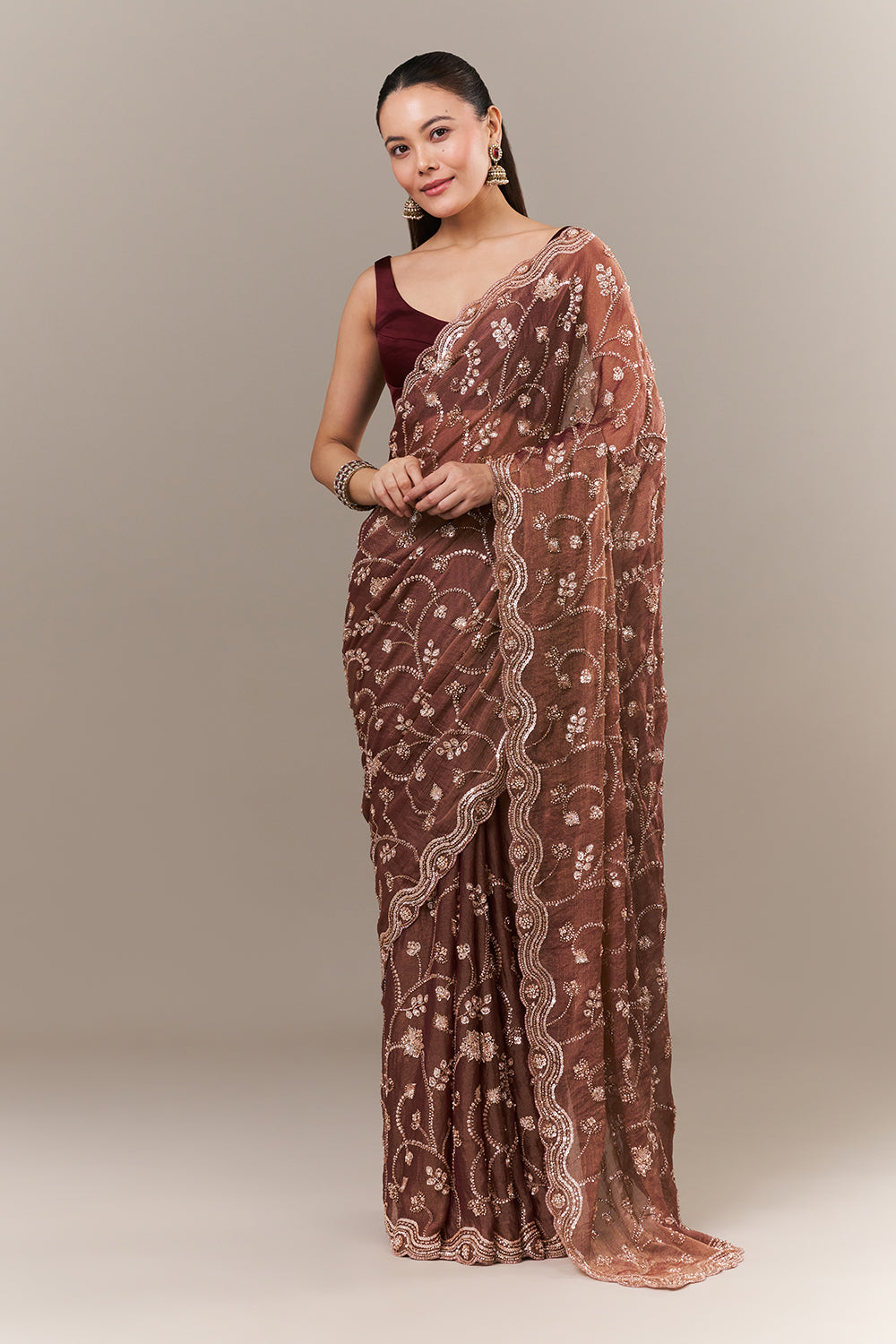 Onion Pink Shimmer Crush Saree with Sequin and Cutdana Work