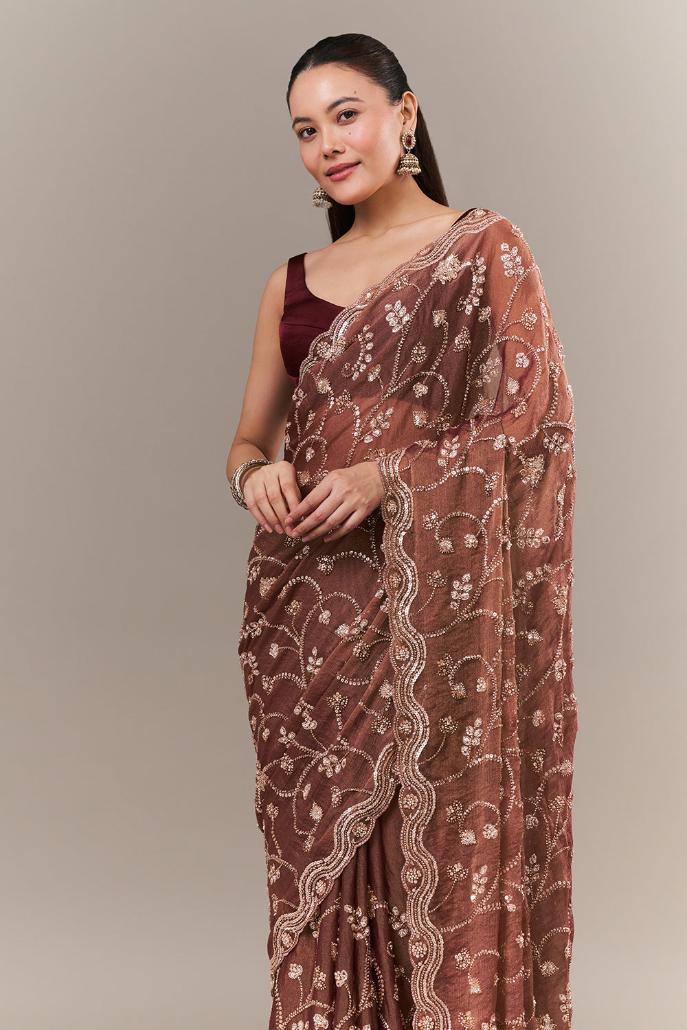 Onion Pink Shimmer Crush Saree with Sequin and Cutdana Work