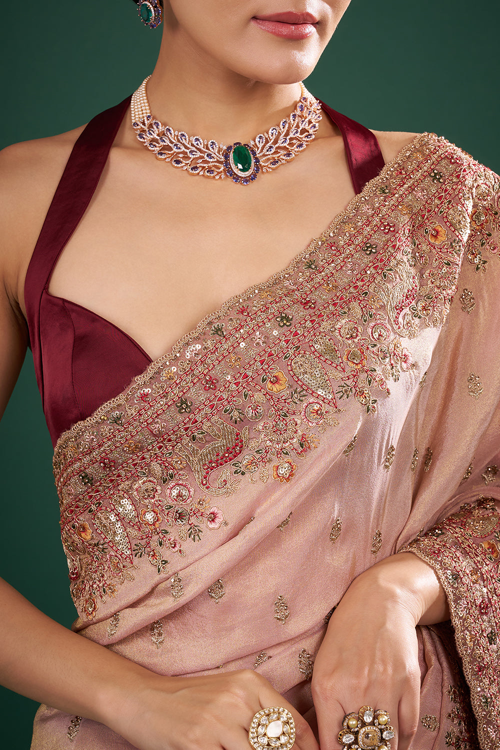 Onion Pink Shimmer Tissue Saree with Zari Work and Unstitched Blouse