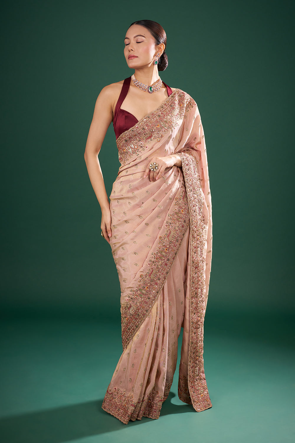 Onion Pink Shimmer Tissue Saree with Zari Work and Unstitched Blouse
