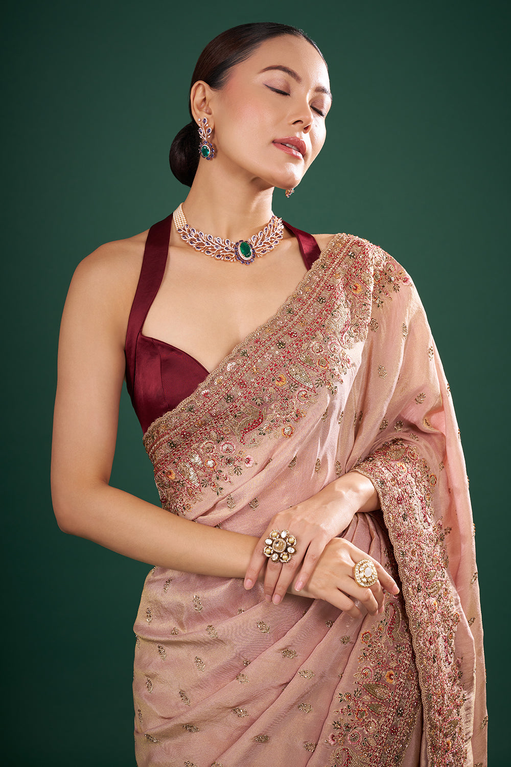 Onion Pink Shimmer Tissue Saree with Zari Work and Unstitched Blouse