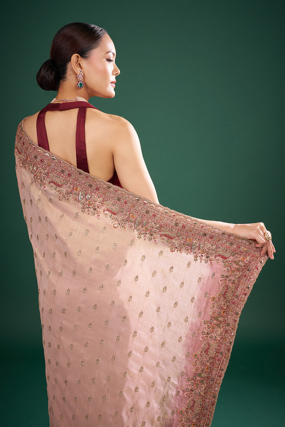 Onion Pink Shimmer Tissue Saree with Zari Work and Unstitched Blouse