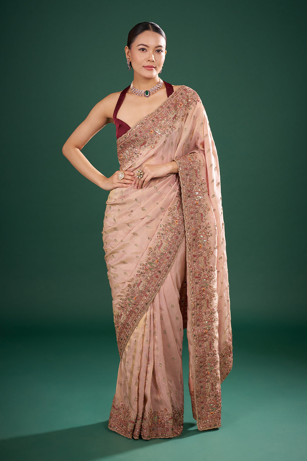 Onion Pink Shimmer Tissue Saree with Zari Work and Unstitched Blouse