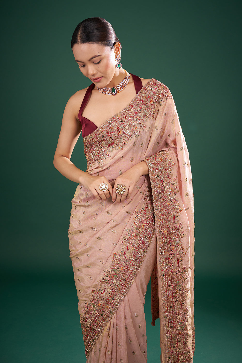 Onion Pink Shimmer Tissue Saree with Zari Work and Unstitched Blouse