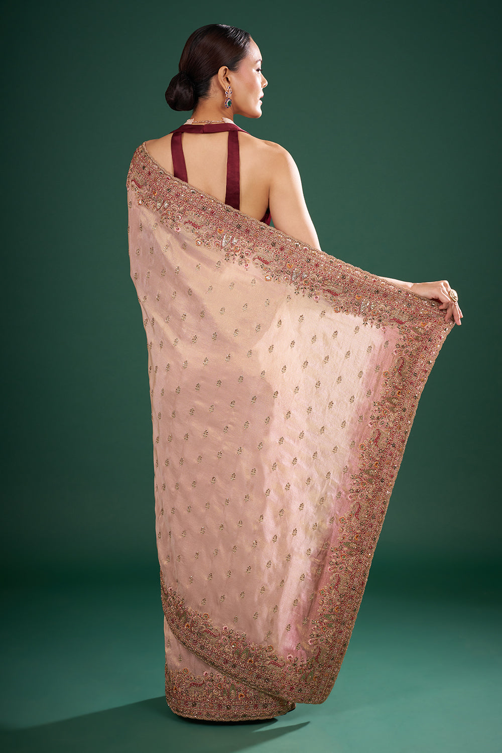 Onion Pink Shimmer Tissue Saree with Zari Work and Unstitched Blouse