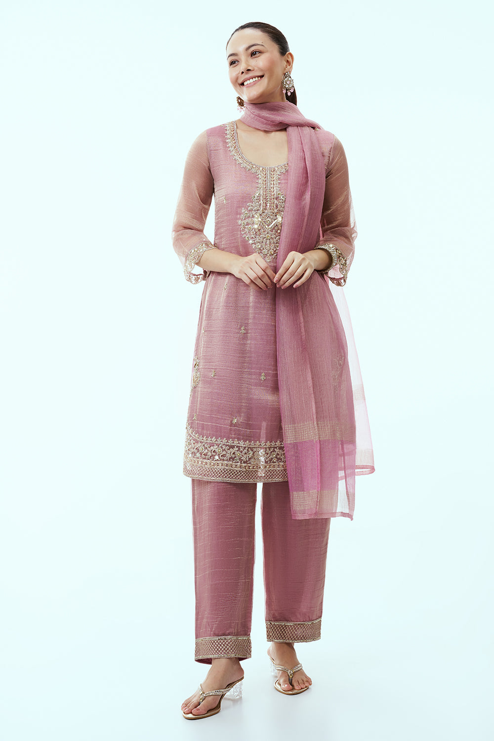 Onion Pink Tissue Kurta Set with Aari Embroidery