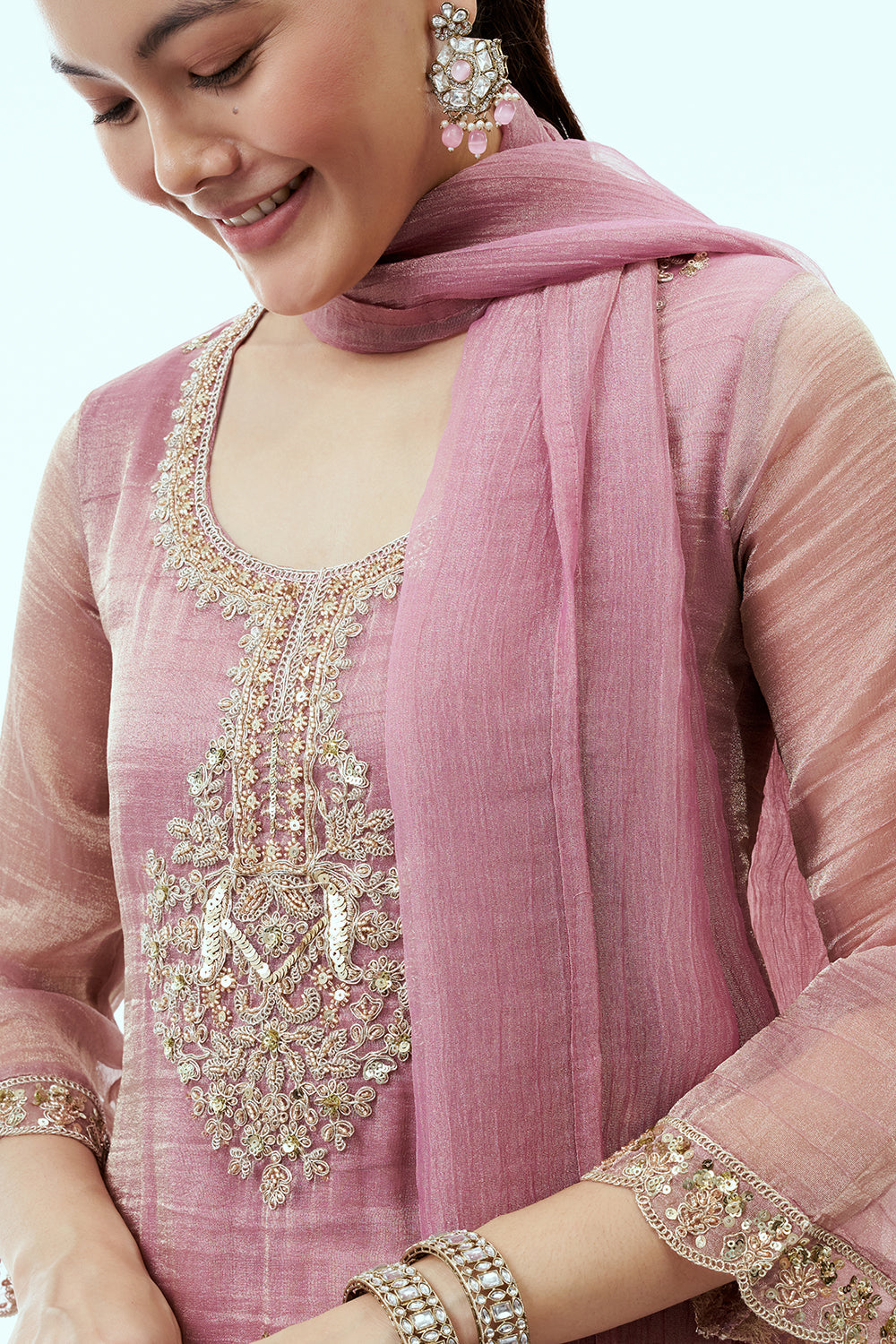 Onion Pink Tissue Kurta Set with Aari Embroidery