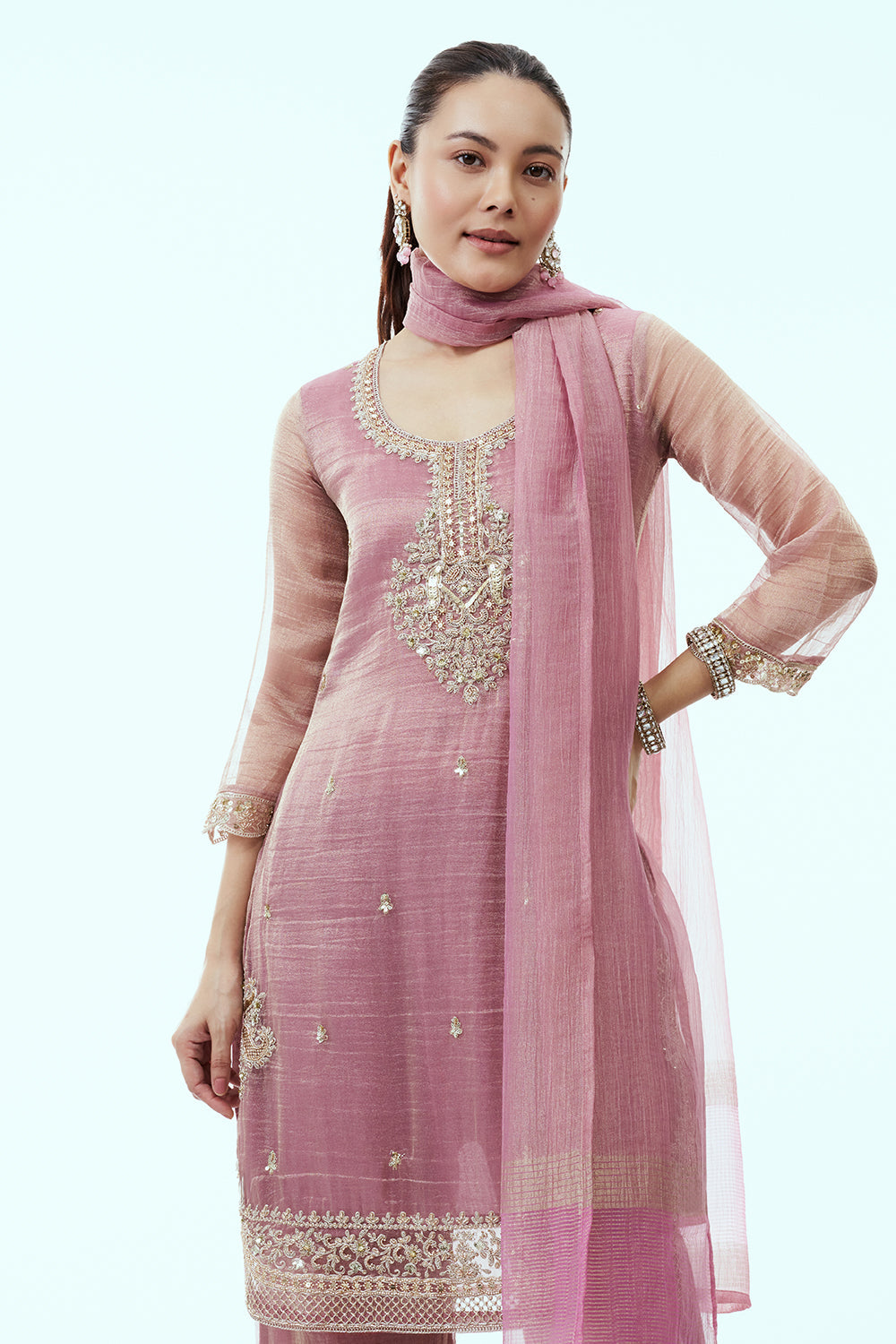 Onion Pink Tissue Kurta Set with Aari Embroidery