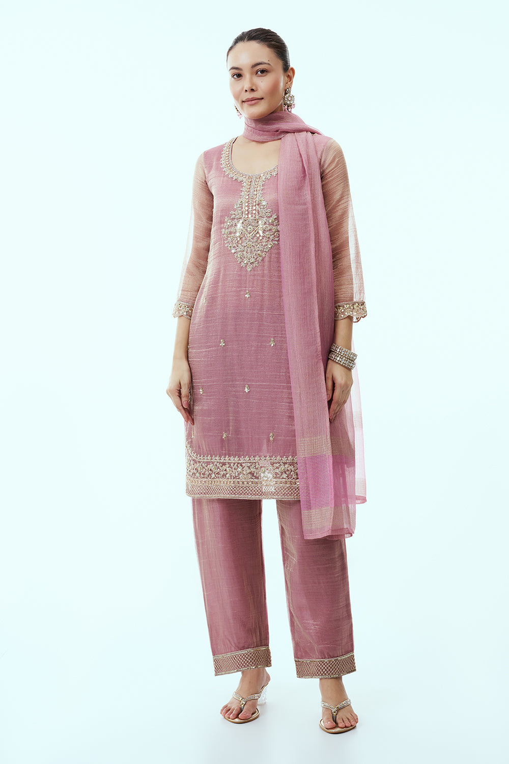 Onion Pink Tissue Kurta Set with Aari Embroidery