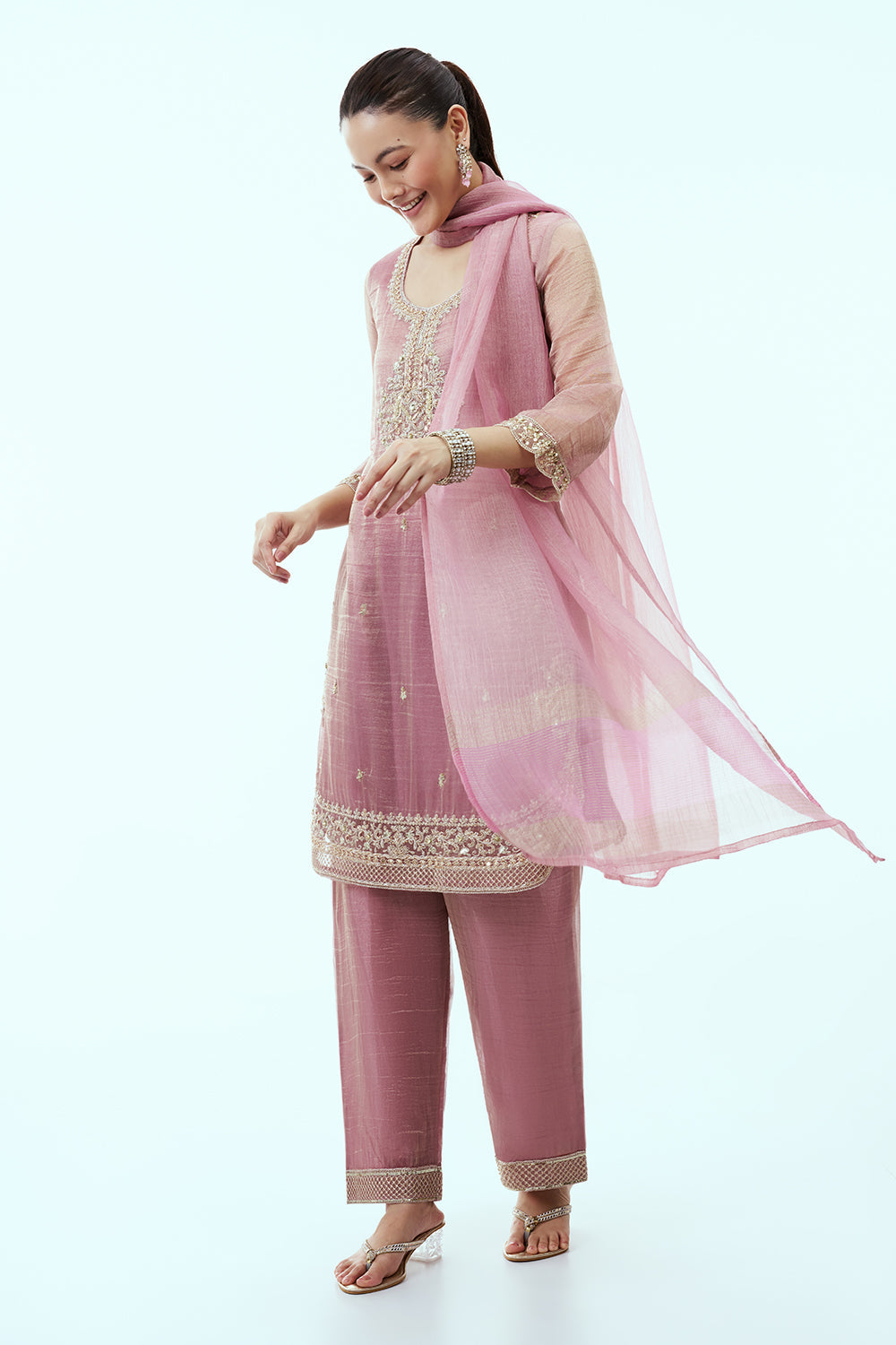 Onion Pink Tissue Kurta Set with Aari Embroidery