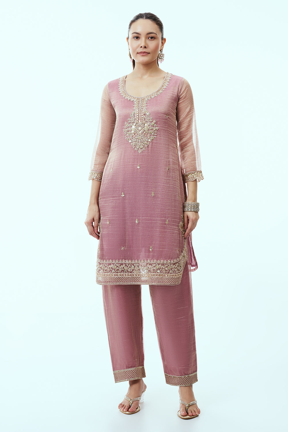 Onion Pink Tissue Kurta Set with Aari Embroidery