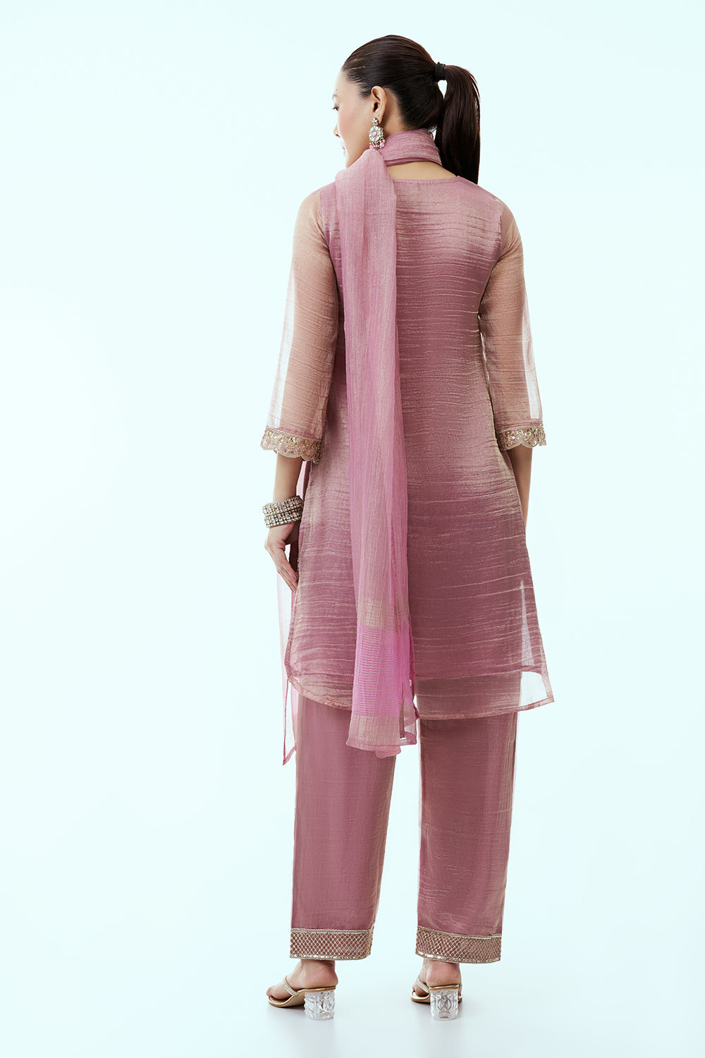Onion Pink Tissue Kurta Set with Aari Embroidery