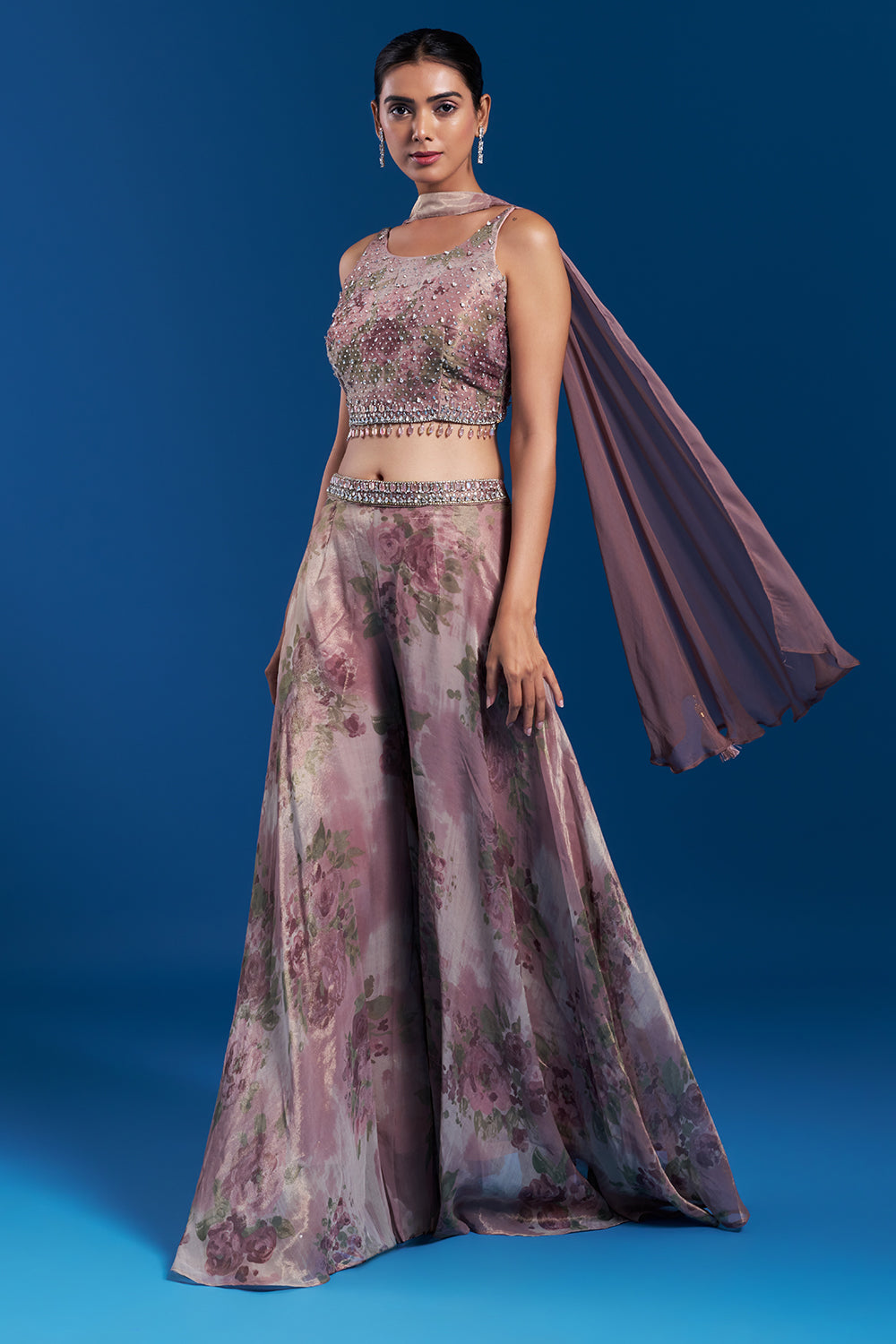 Onion Pink Shimmer Zari Palazzo Set with Crystal Work