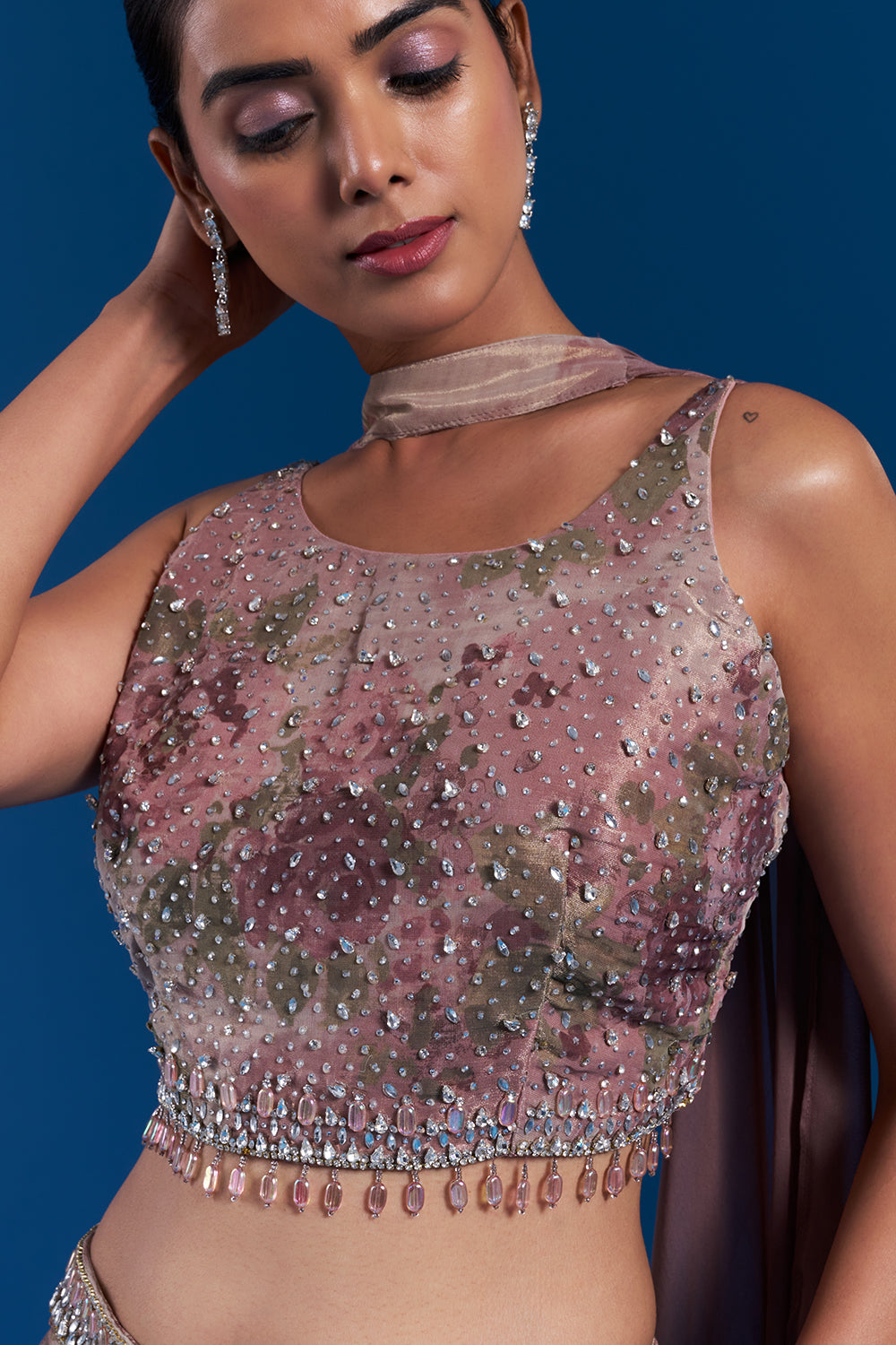 Onion Pink Shimmer Zari Palazzo Set with Crystal Work