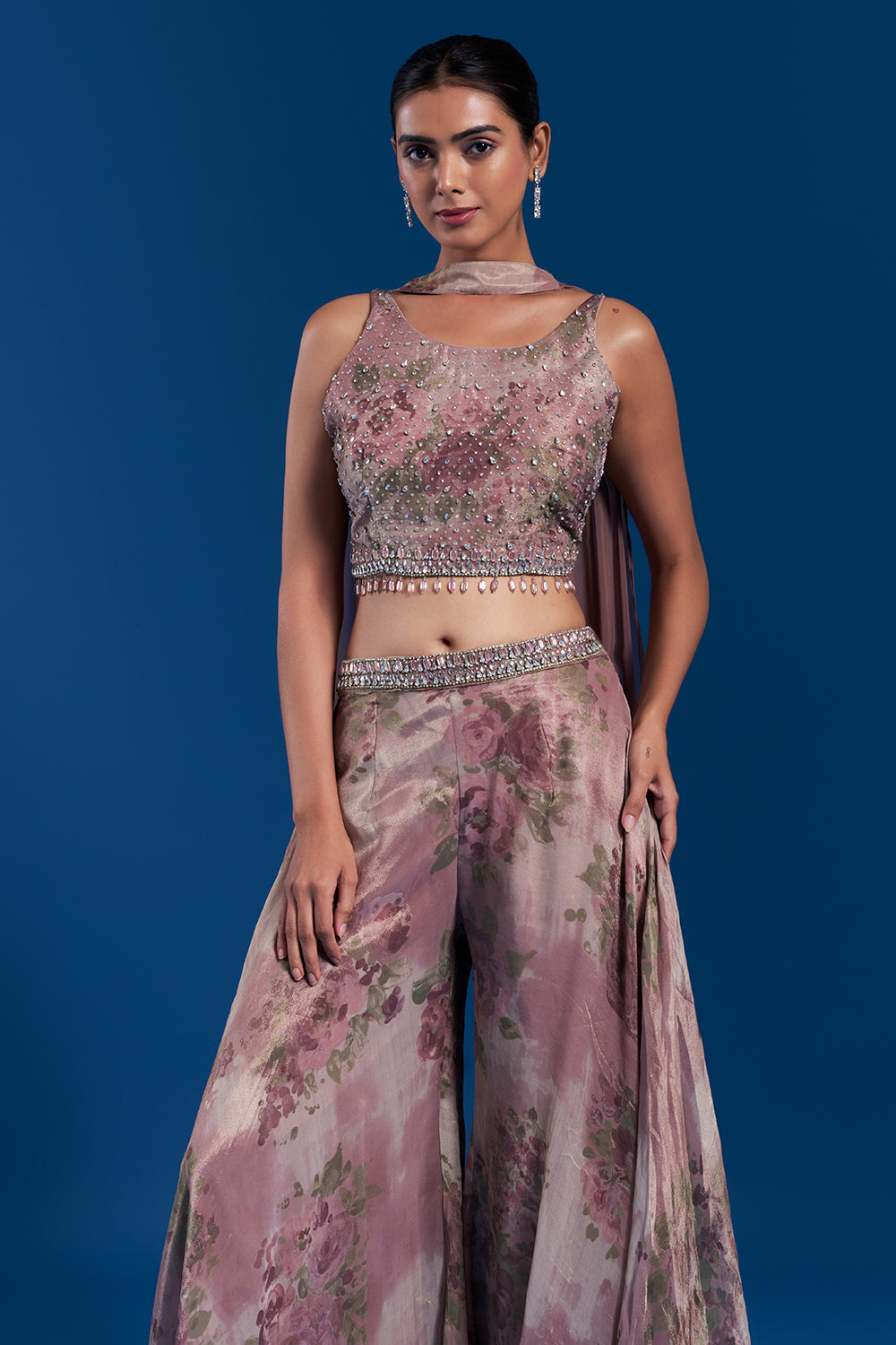 Onion Pink Shimmer Zari Palazzo Set with Crystal Work