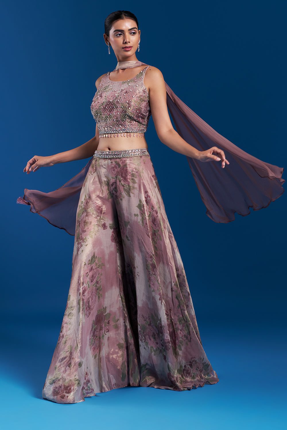 Onion Pink Shimmer Zari Palazzo Set with Crystal Work