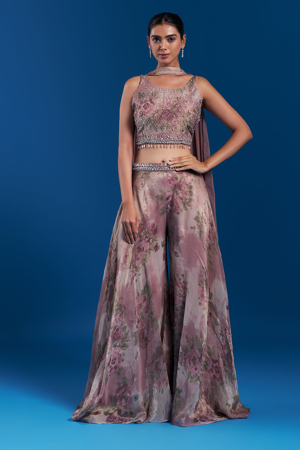 Onion Pink Shimmer Zari Palazzo Set with Crystal Work