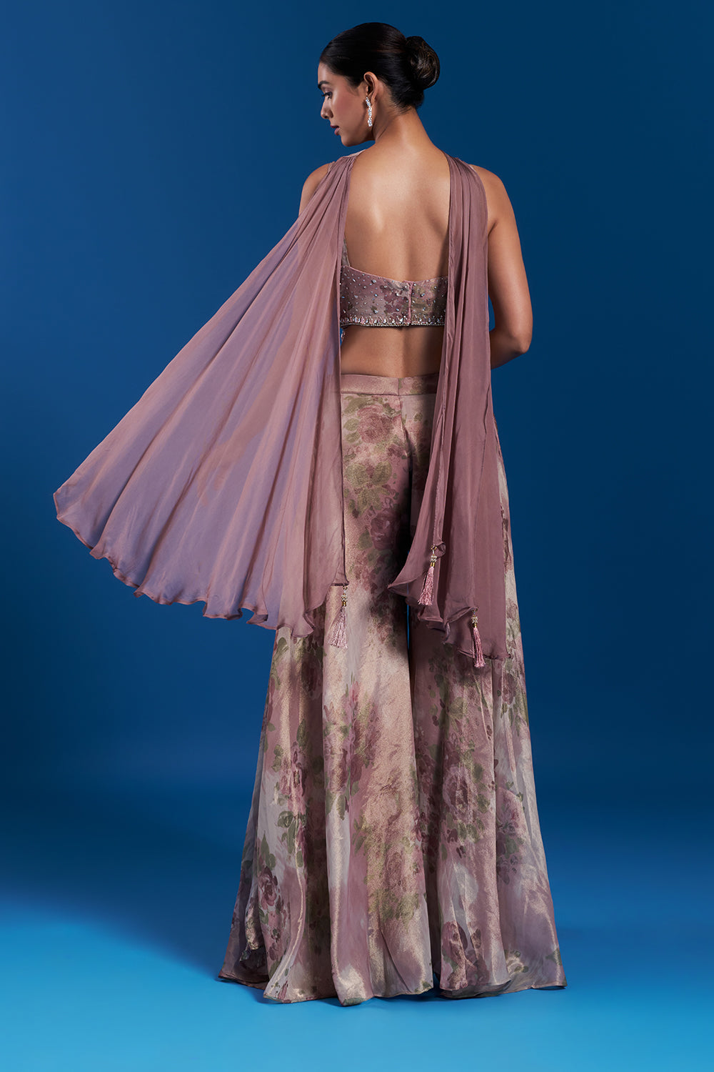 Onion Pink Shimmer Zari Palazzo Set with Crystal Work
