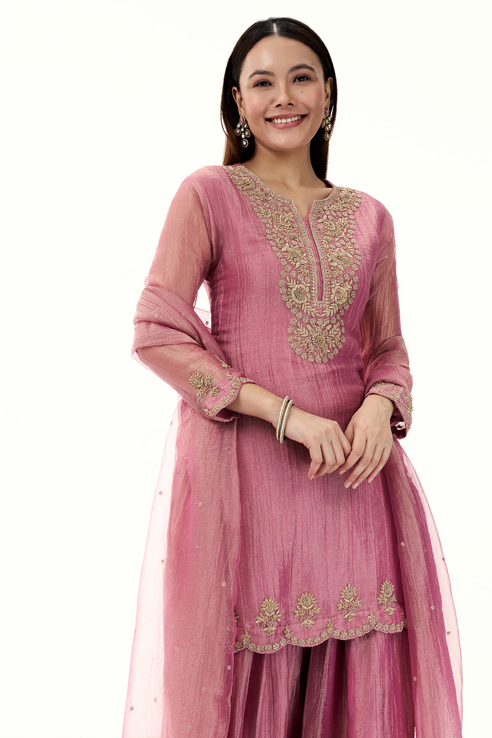 Onion Pink Tissue Suit with Zardosi and Zari Work