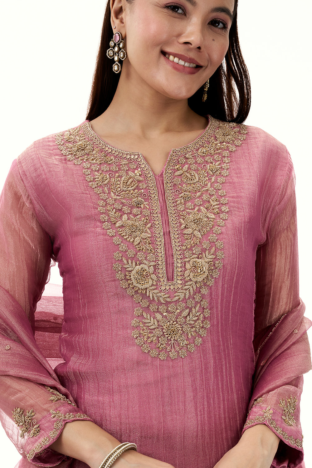Onion Pink Tissue Suit with Zardosi and Zari Work
