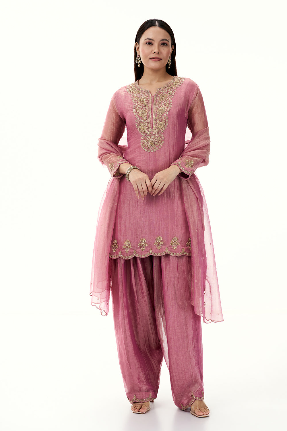 Onion Pink Tissue Suit with Zardosi and Zari Work