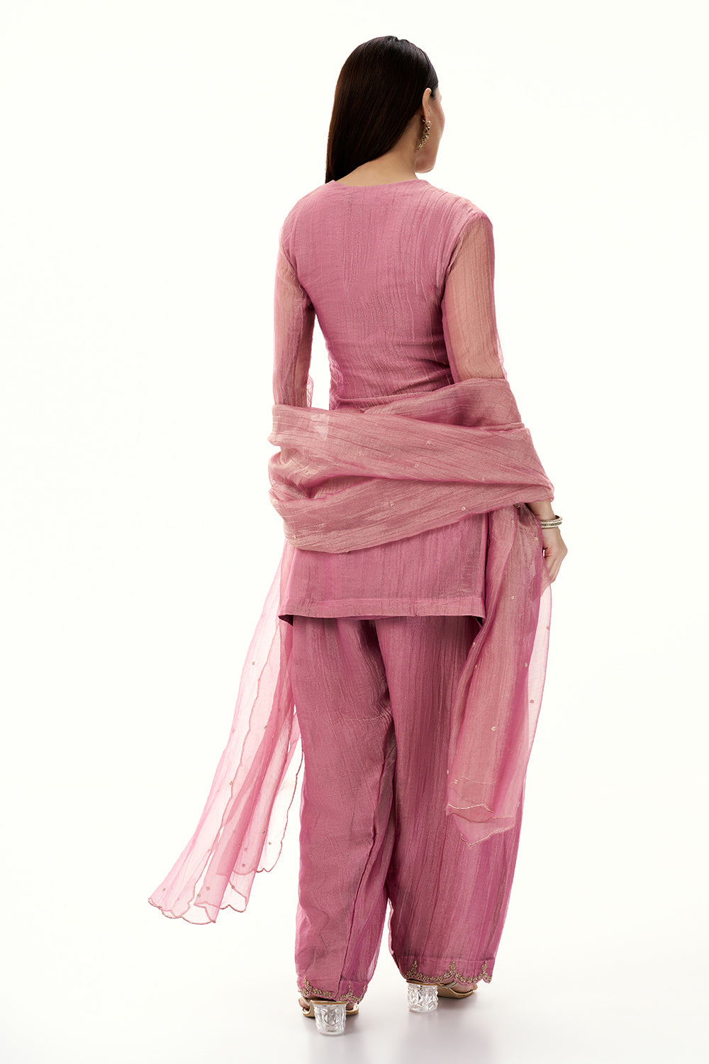 Onion Pink Tissue Suit with Zardosi and Zari Work
