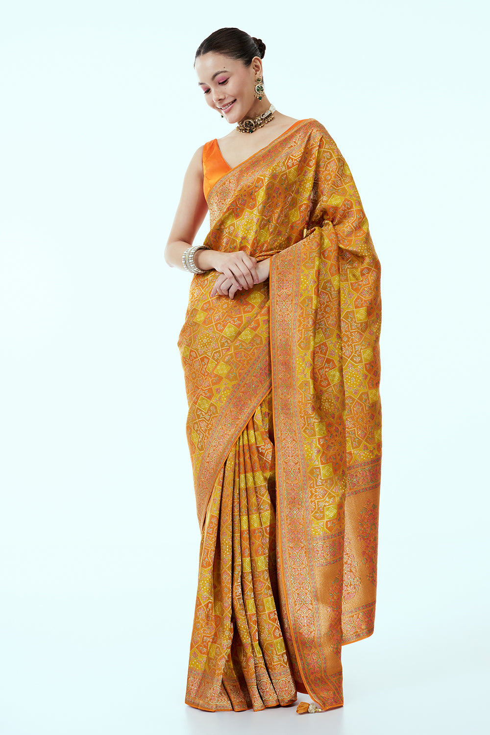 Orange & Yellow Woven Banarasi Saree with Multicoloured Weave and Unstitched Blouse