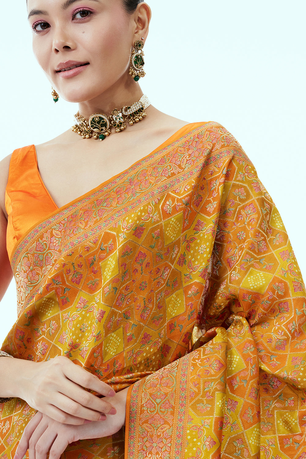 Orange & Yellow Woven Banarasi Saree with Multicoloured Weave and Unstitched Blouse