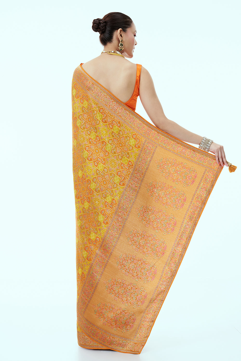 Orange & Yellow Woven Banarasi Saree with Multicoloured Weave and Unstitched Blouse