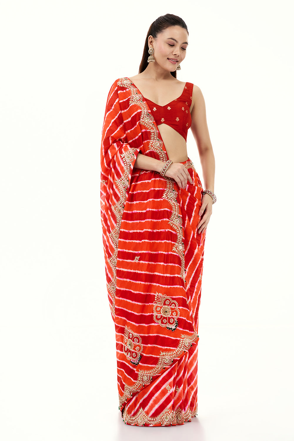 Orange and Red Organza Stripe Print Saree with Gota Work