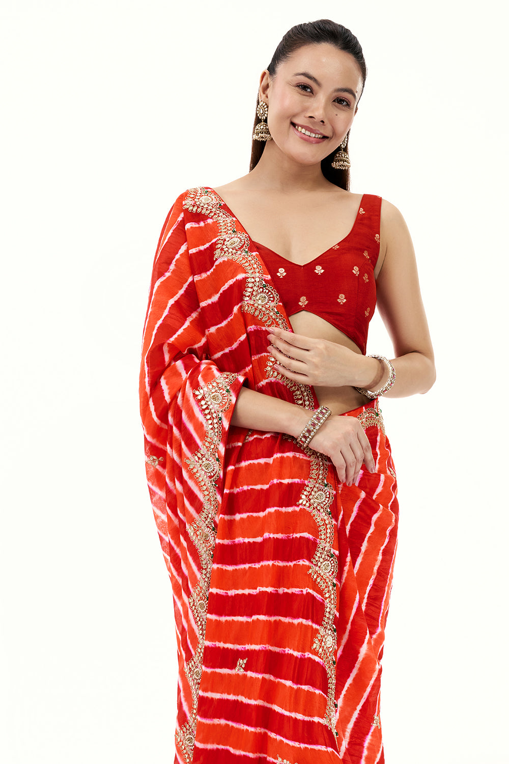 Orange and Red Organza Stripe Print Saree with Gota Work