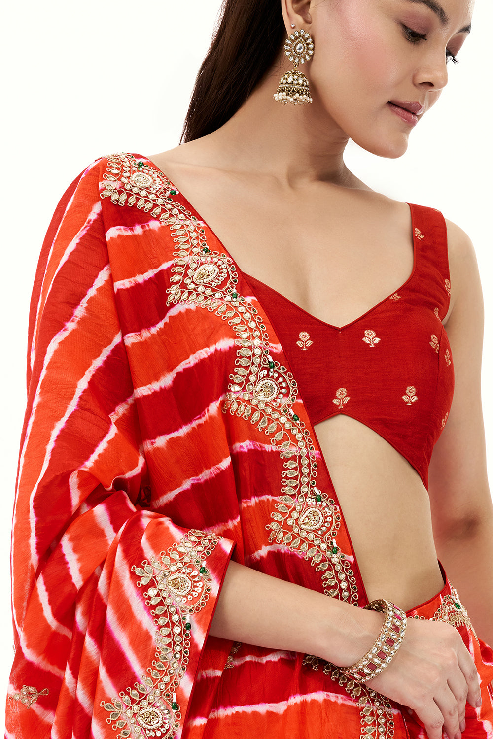 Orange and Red Organza Stripe Print Saree with Gota Work