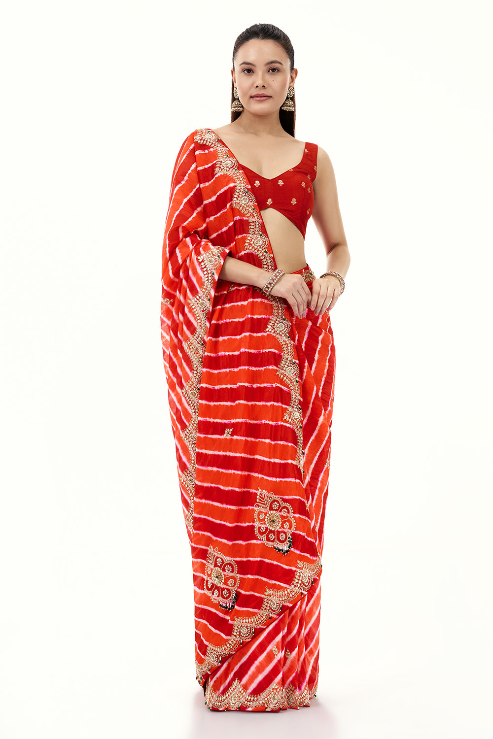 Orange and Red Organza Stripe Print Saree with Gota Work
