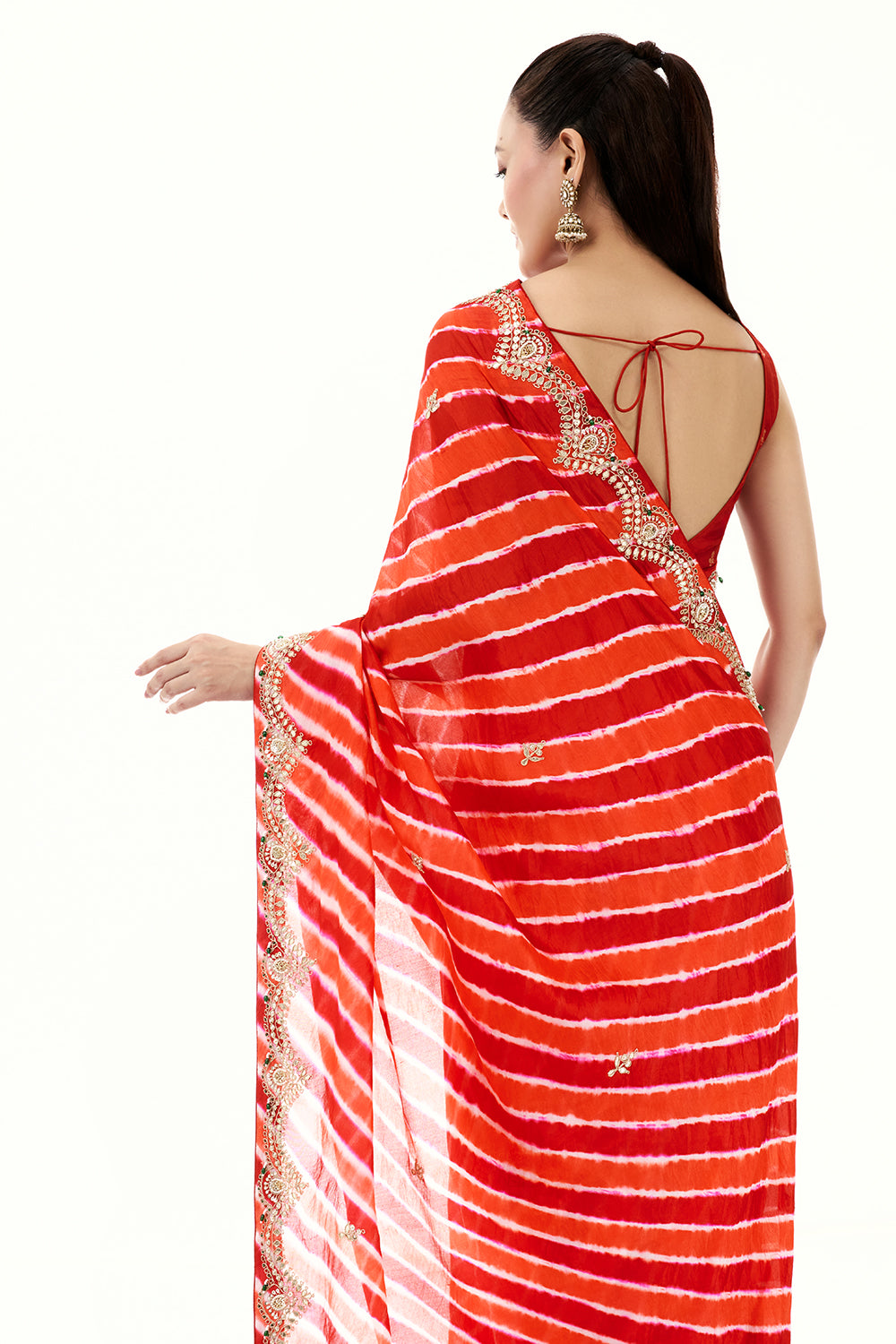 Orange and Red Organza Stripe Print Saree with Gota Work