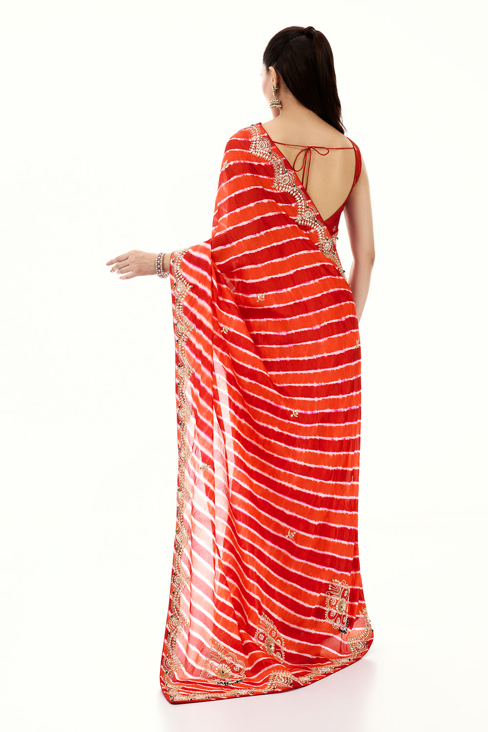 Orange and Red Organza Stripe Print Saree with Gota Work