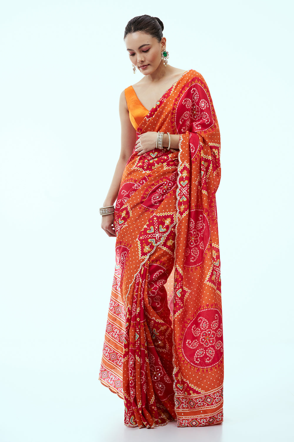 Orange and Red Patola Print Silk Saree with Unstitched Blouse