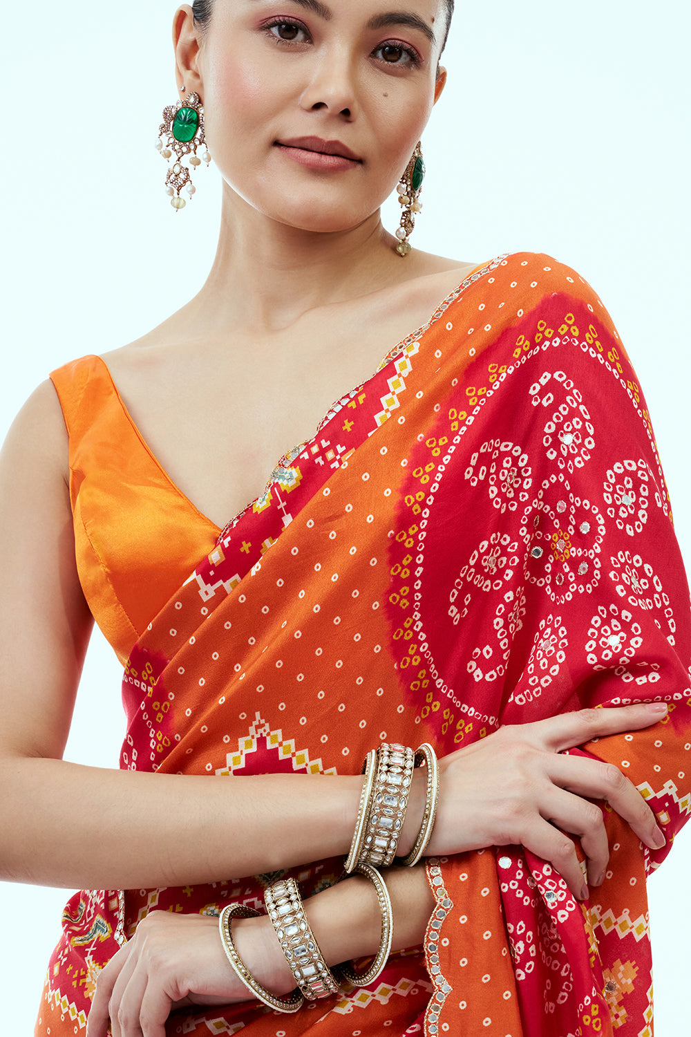 Orange and Red Patola Print Silk Saree with Unstitched Blouse