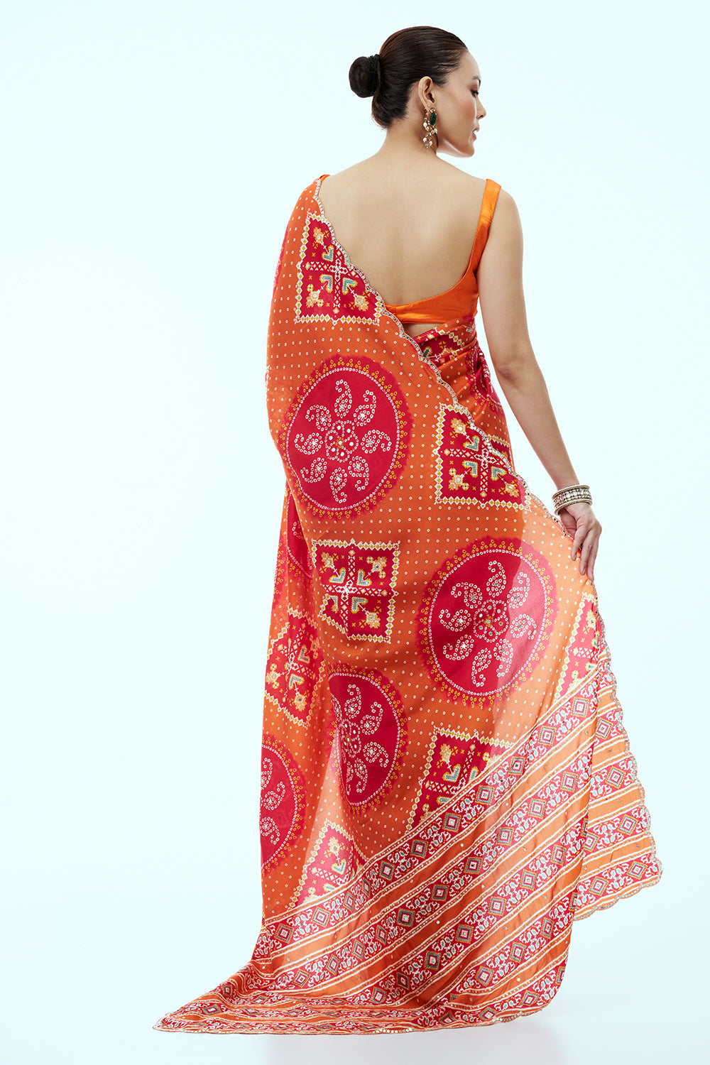 Orange and Red Patola Print Silk Saree with Unstitched Blouse