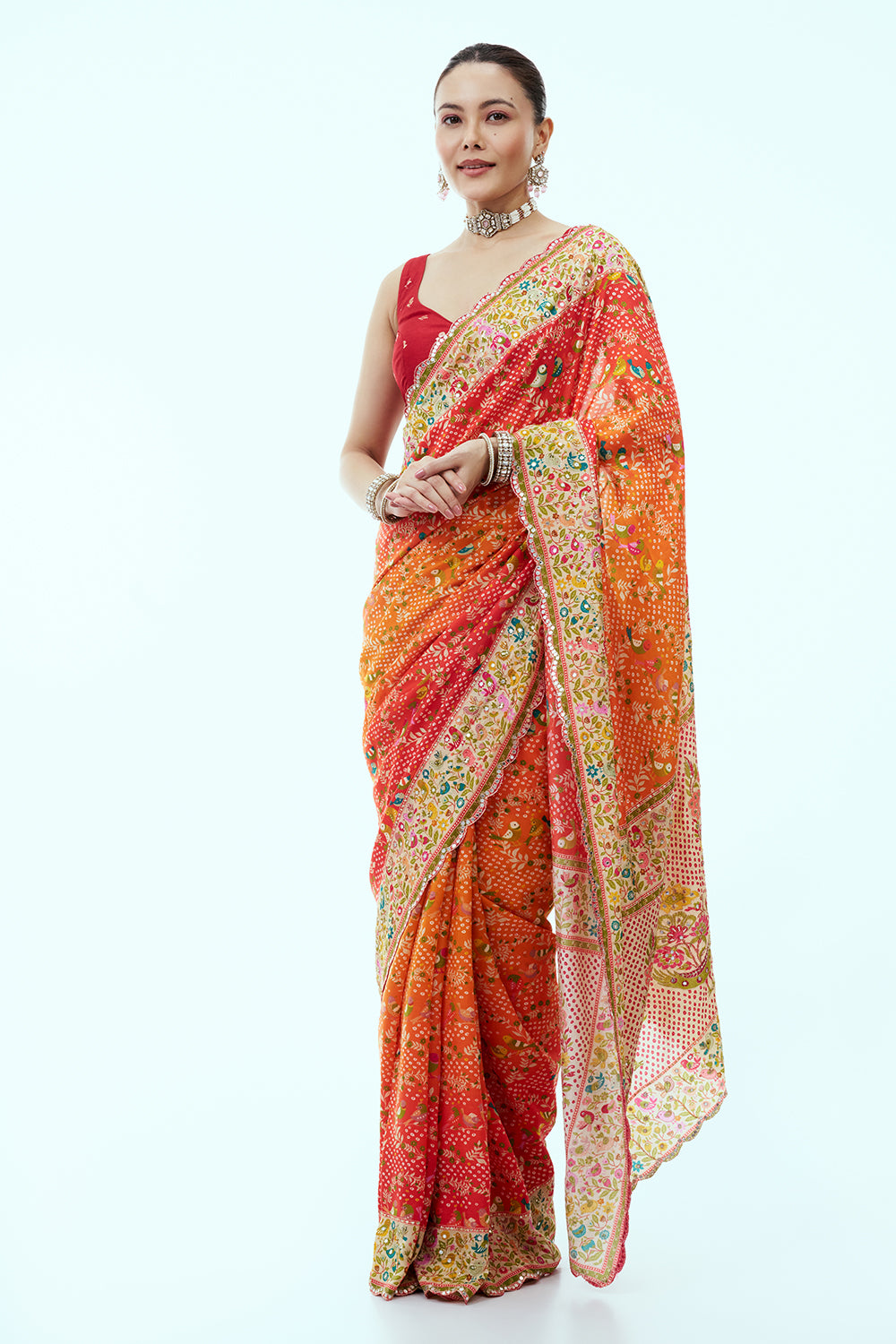 Orange and Red Silk Saree with Mirror and Sequin Work and Unstitched Blouse