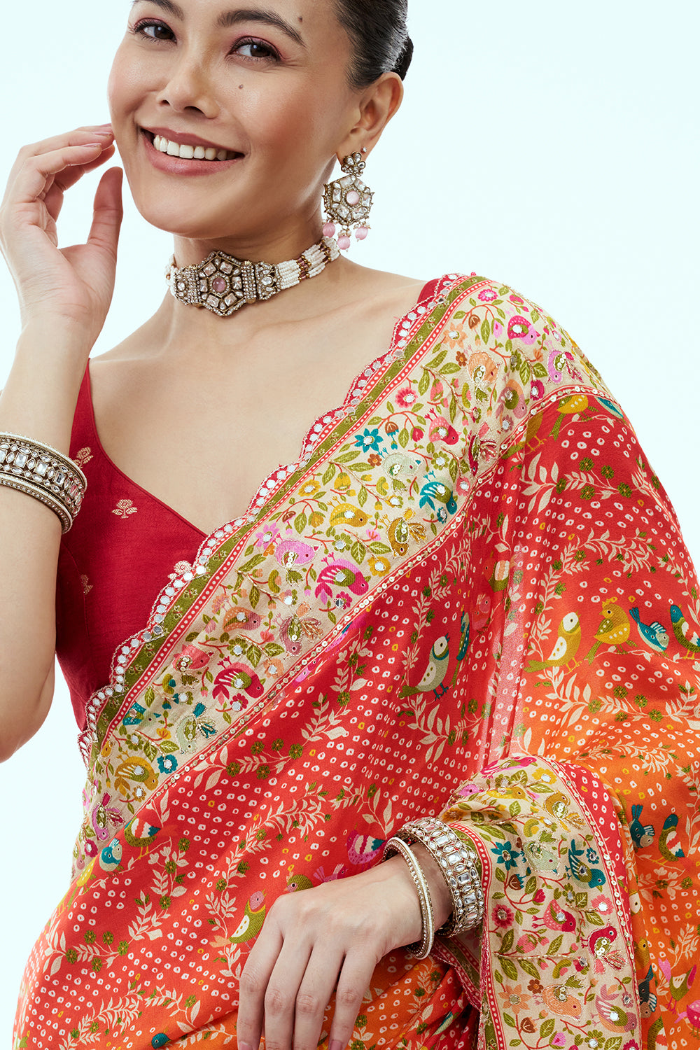 Orange and Red Silk Saree with Mirror and Sequin Work and Unstitched Blouse