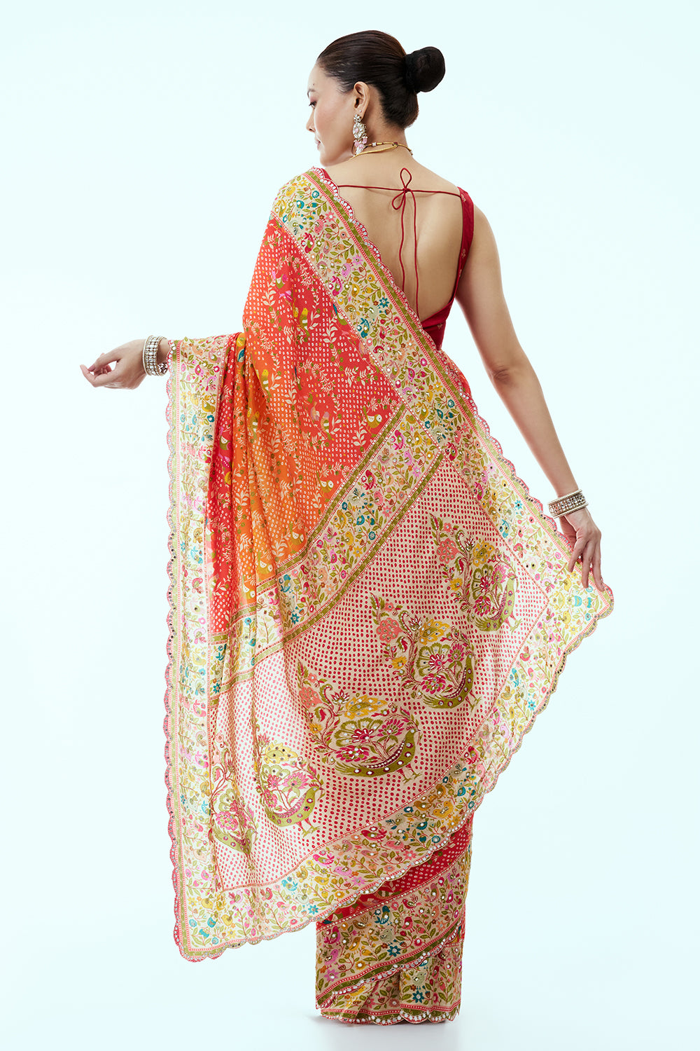 Orange and Red Silk Saree with Mirror and Sequin Work and Unstitched Blouse