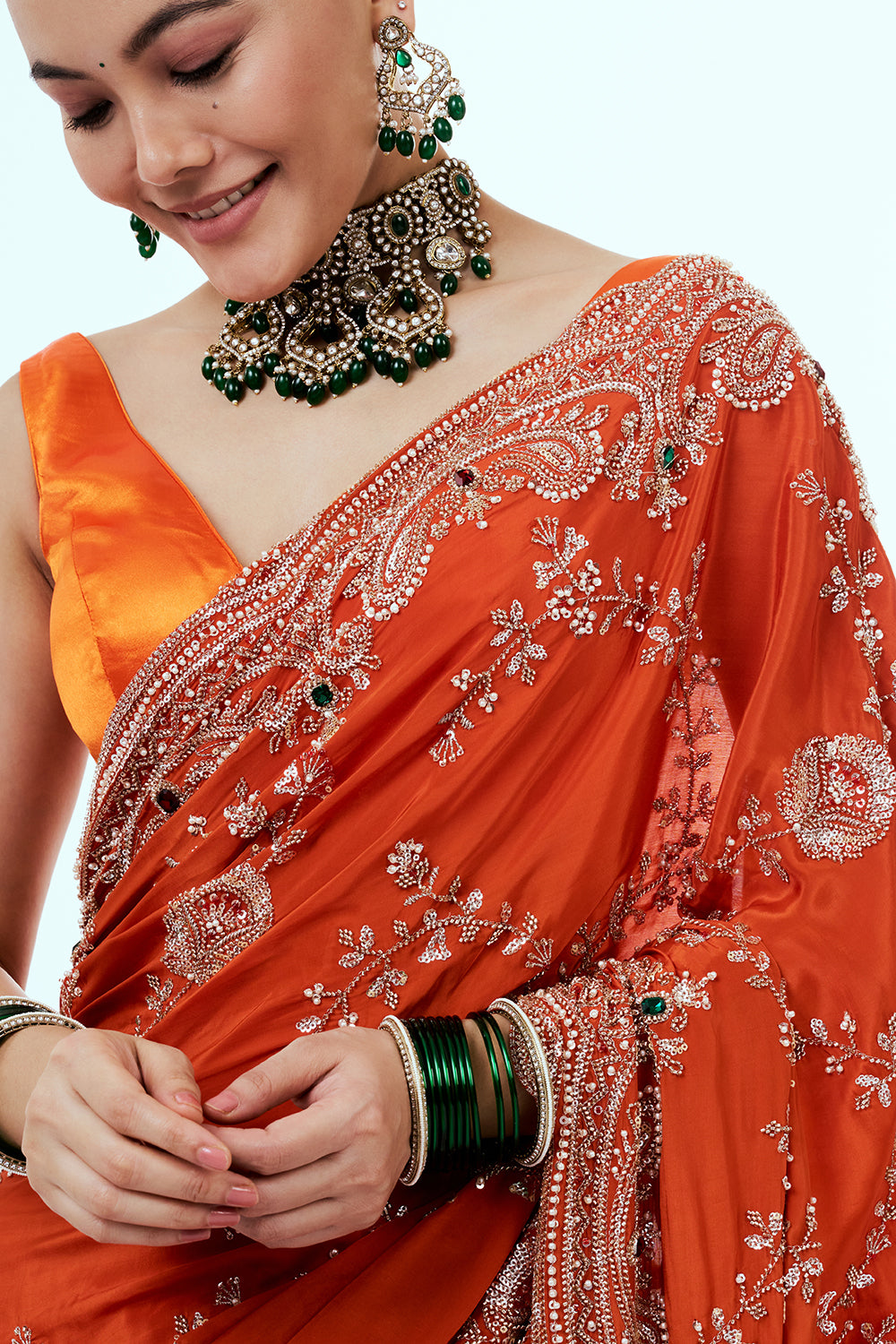 Orange Art Silk Saree with Rhinestone Embellishments and Sequins Work