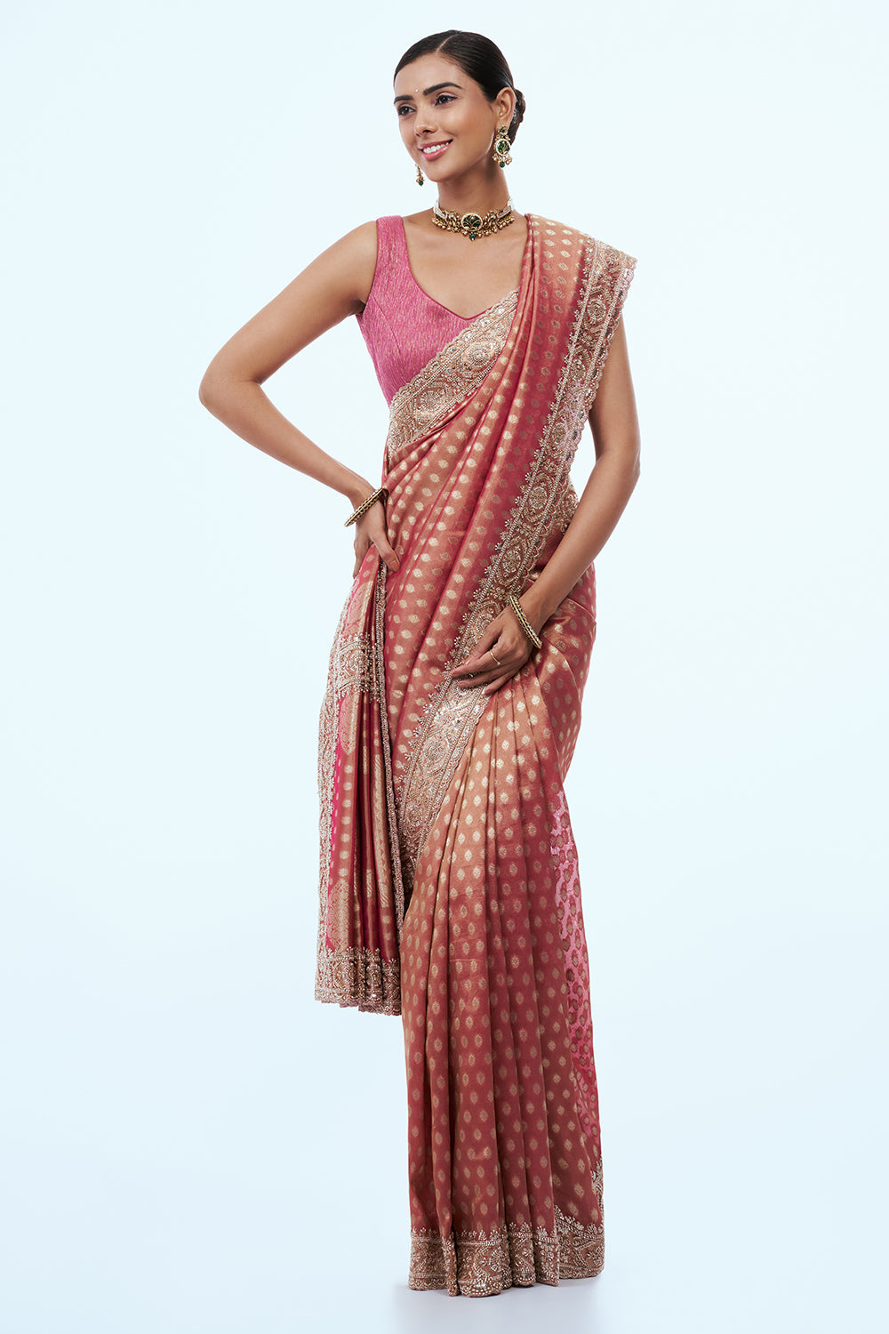 Pink Brocade Silk Saree with Bead Work
