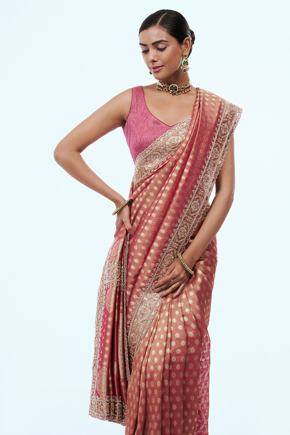 Pink Brocade Silk Saree with Bead Work