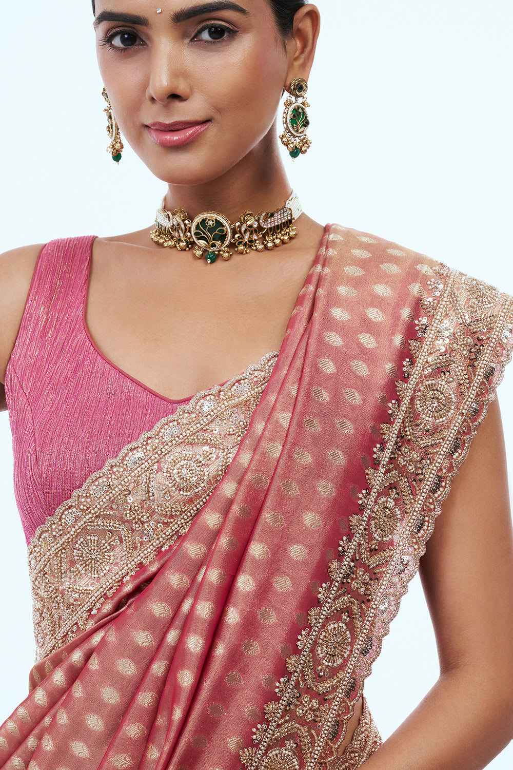 Pink Brocade Silk Saree with Bead Work