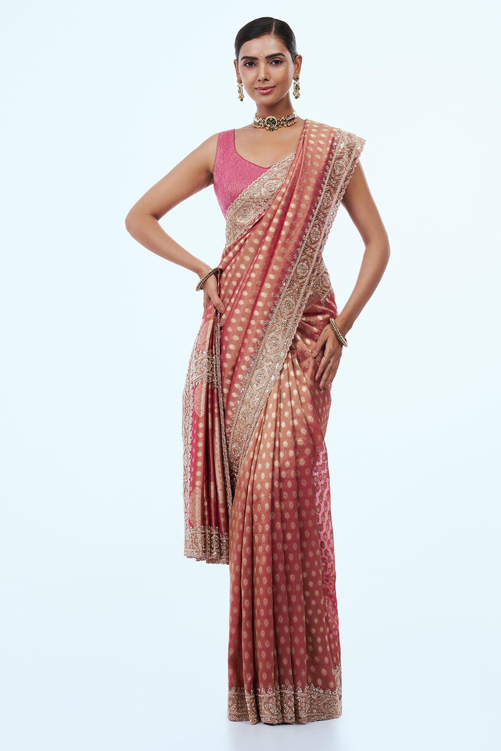 Pink Brocade Silk Saree with Bead Work