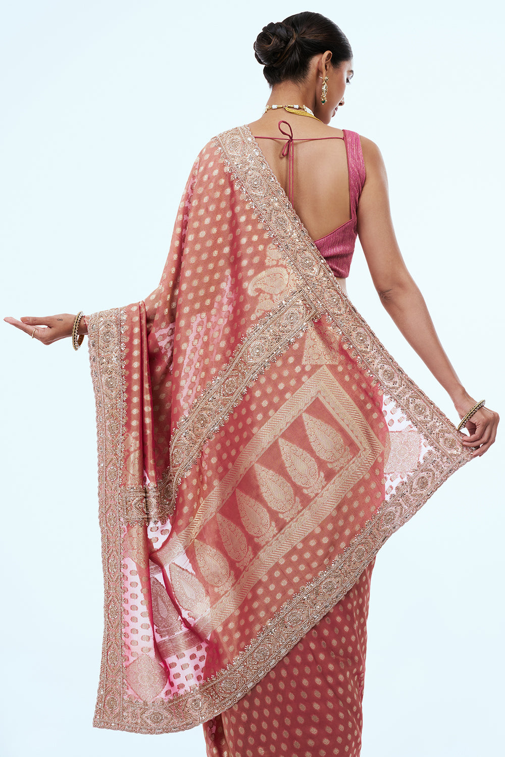 Pink Brocade Silk Saree with Bead Work