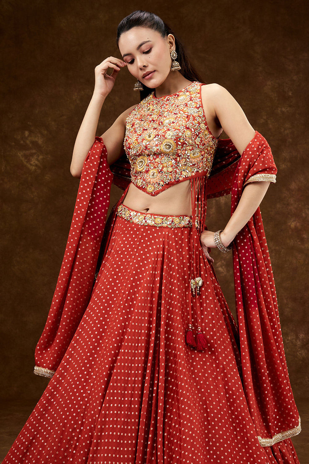 Orange Chiffon Crepe Lehenga with Resham and Pearl Work