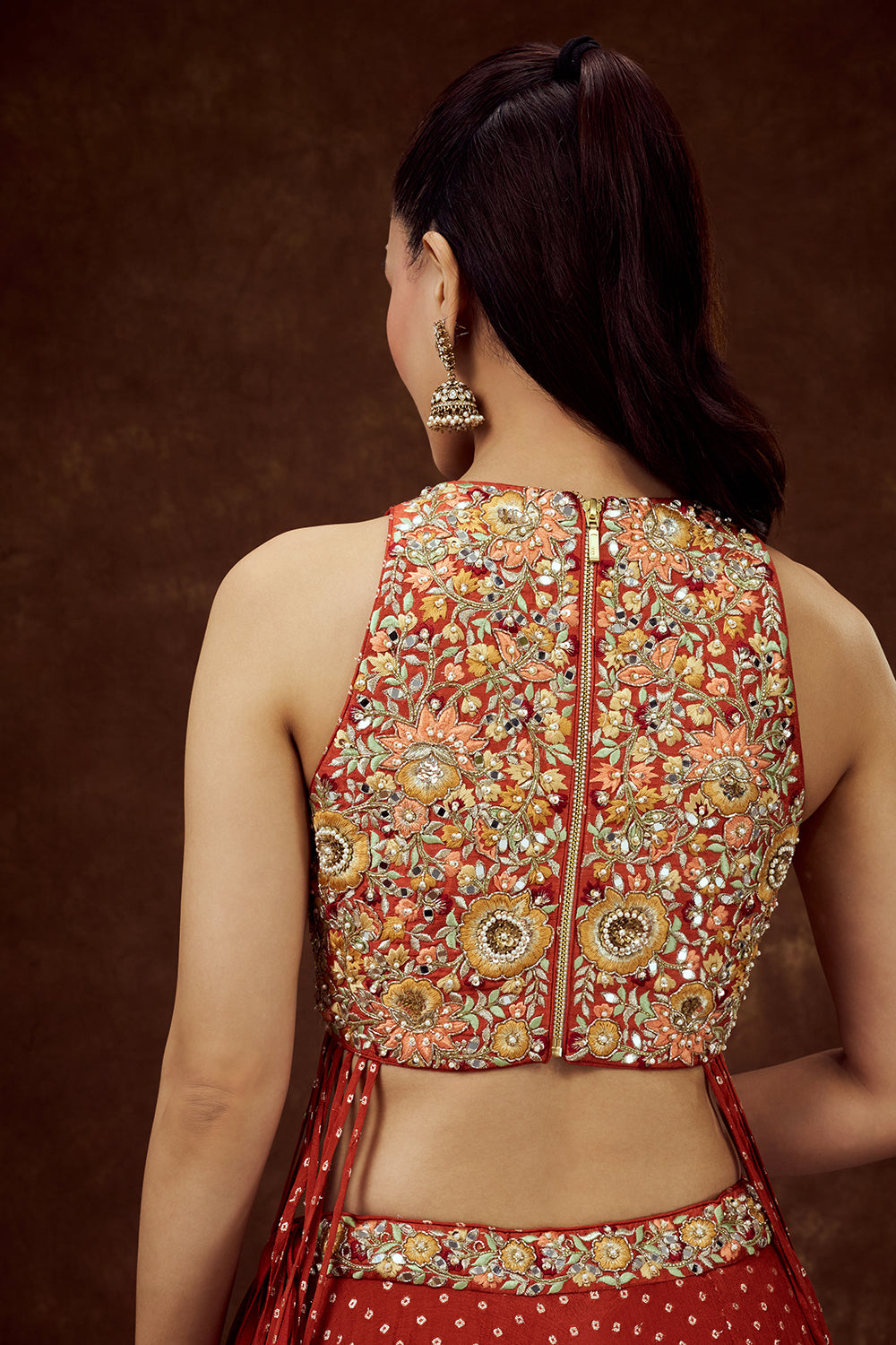Orange Chiffon Crepe Lehenga with Resham and Pearl Work